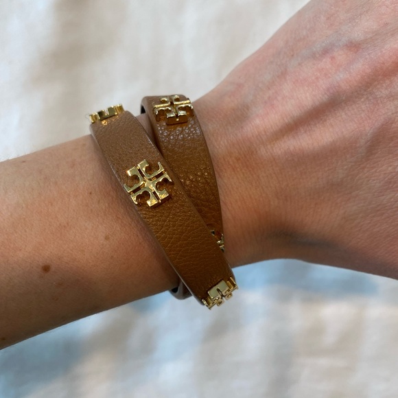 Tory Burch Double Wrap Logo Bracelet Leather Tan Gold - Picture 4 of 12
